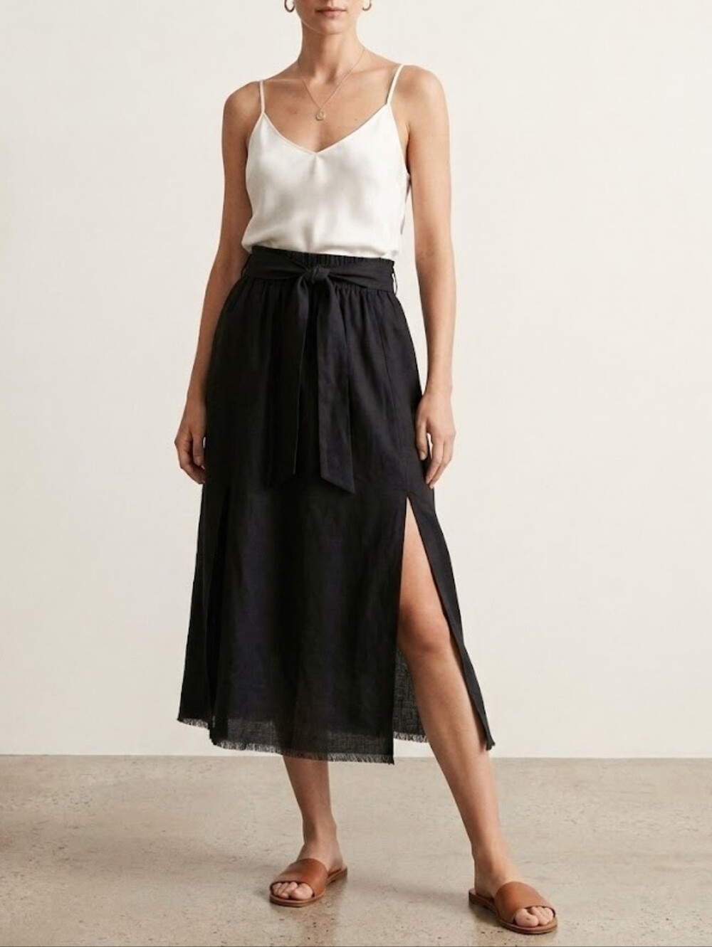 Brochu Walker Black Midi Tie-Waist Skirt with Side Slits Size XS